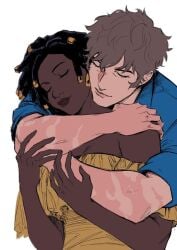 annette_(castlevania) artist_name artist_request black_hair brown_hair castlevania_(netflix) castlevania_nocturne closed_eyes clothed clothing dark-skinned_female dark_skin holding light-skinned_male light_skin richter_belmont short_hair