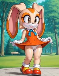 ai_generated animal_ears anthro brown_eyes brown_nose bunny bunny_ears bunny_girl cameltoe clothed clothing cream_fur cream_the_rabbit detailed_background dress dress_lift eyelashes female female_focus female_only female_solo flat_chest floppy_ears fur furry gloves grass highres lagomorph leporid lips mammal orange_dress orange_fur outdoors panties park plant sega shoes sleeveless smile solo sonic_(series) standing tree underwear white_fur white_gloves white_panties