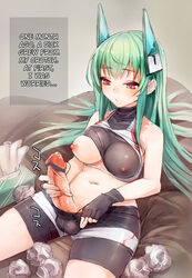 1futa areola balls balls_in_panties bare_shoulders bike_shorts breast_slip breasts censored curvy erect_nipples erection fingerless_gloves futa_only futanari gloves green_hair hair_ornament hard_translated highres intersex large_balls large_penis masturbation medium_breasts menou_kaname midriff navel nipple_bulge nipples one_breast_out original panties panty_bulge penis shirt_pull solo taishi_(picchiridou) translated