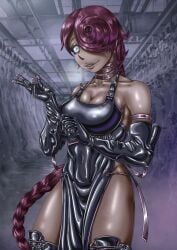 apron arm_strap braid braided_hair braided_ponytail choker dark_skin digital_media_(artwork) ghislain_(mr.bones22) green_eyes hair_over_one_eye long_gloves long_hair one_eye_obstructed original_character red_hair tanned_female tanned_skin thigh_boots thigh_strap