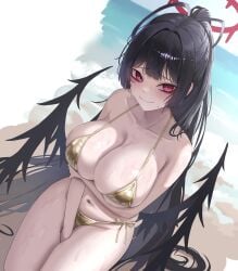 1girls artist_request beach behind big_breasts bikini black_hair character_request copyright_request dark_hair feet female female_only flower_hair halo hip_wings light-skinned_female light_skin musclexm sand swimsuit swimwear wings