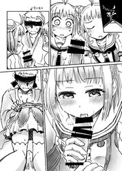 2girls admiral_(kantai_collection) antenna_hair blindfold blush comic double_bun dual_persona fellatio gloves kantai_collection kou1 monochrome multiple_girls naka_(kantai_collection) oral panties school_uniform serafuku skirt text translation_request trembling underwear