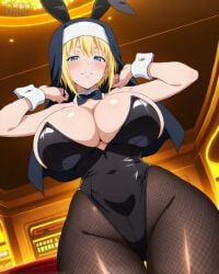 ai_generated bare_thighs blonde_hair blue_eyes bunny_ears bunny_girl bunnysuit enen_no_shouboutai eroero_waifus gigantic_breasts huge_breasts huge_thighs light-skinned_female light_skin looking_down low-angle_view massive_breasts nun's_habit rabbit_ears short_hair sister_iris_(fire_force) smiling solo_female squatting sweat sweatdrop thick_body thick_female thick_thighs thighs voluptuous voluptuous_female