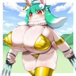 1:1 2025 4_fingers anthro big_breasts bikini blush bodily_fluids breasts camel_toe claw_(weapon) clothing cloud day digital_media_(artwork) ear_piercing female fingers fur gold_armlet gold_bikini gold_stockings grass green_hair hair hi_res lagomorph leporid mammal melee_weapon nipple_outline obikuragetyan outside piercing plant rabbit short_stack solo sweat swimwear tail two-piece_swimsuit weapon white_body white_fur