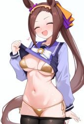 ai_generated animal_ears brown_hair clothes_down female golden_bikini hair_accessory hairband horse_girl ponytail purple_eyes sakura_bakushin_o_(umamusume) tracen_school_uniform umamusume umamusume_pretty_derby