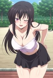 ;d ai_generated arisato_yu armpits arms_behind_back bangs bare_shoulders bent_over black_clothes black_hair black_skirt blue_sky blush breasts camisole clavicle cleavage clothing cloud covered_erect_nipples cute_face day erect_nipples_under_clothes fallen_angel female female_only female_solo fit_female hair_between_eyes hand_on_hip hanging_breasts high_resolution high_school_dxd lamppost large_breasts leaning_forward light-skinned_female light_blush light_skin long_hair looking_at_viewer midriff miniskirt navel one_eye_closed open_mouth outdoors park png purple_eyes raynare shiny shiny_skin shirt sidelocks skirt sky smile smiling_at_viewer solo strap_slip thighs tree violet_eyes wink