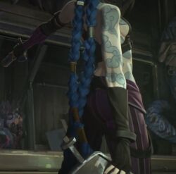 1girls 2025 arcane arcane_jinx blue_hair canon female female_focus female_only jinx_(arcane) jinx_(league_of_legends) league_of_legends long_hair medium_breasts netflix riot_games screenshot sideboob solo solo_female solo_focus tattoo_on_arm tattoo_on_breast tattooed_arm tattoos thin_female twintails