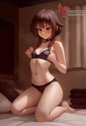 1girls 2d ai_generated ass back bare_shoulders barefoot big_ass bra brown_hair collar erophoenix female female_focus full_body kono_subarashii_sekai_ni_shukufuku_wo! long_hair looking_at_viewer megumin pale_skin pale_skinned_female panties patreon_username red_eyes short_hair sitting small_breasts smile soles solo thick thick_thighs uncensored underwear