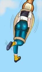 1girls android_18 ass big_ass big_butt black_gloves black_shoes black_vest blonde_hair cell_(dragon_ball) dragon_ball_z female female_prey internal_view jeans large_ass prey_shaped_bulge pumping pumping_tail short_hair struggling struggling_prey struggling_to_get_out tail tail_bulge tail_vore vore white_shirt yellow_socks