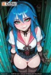 ahoge ai_generated bangs black_gloves black_legwear black_ribbon blue_hair blue_skirt blush bra_visible_through_clothes breasts choker cleavage closed_mouth collarbone dollmaker door eyebrows_visible_through_hair female gloves green_eyes hair_between_eyes hairband heart heart-shaped_pupils indoors lace lace_trim large_breasts long_hair looking_at_viewer medium_breasts mole pleated_skirt rain ribbon sailor_collar school_uniform see-through serafuku shirt short_sleeves sitting skirt smile solo symbol-shaped_pupils tagme thighhighs very_long_hair wet wet_clothes wet_shirt