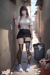 ai_generated alley alleyway black_fingernails black_skirt blue_panties blue_shoes cum_drip cum_inside cum_on_leg earrings hooker hyuuga_hinata lollipop naruto naruto_(series) naruto_shippuden prostitute prostitution purple_hair stockings torn_stockings white_bra white_shirt whore