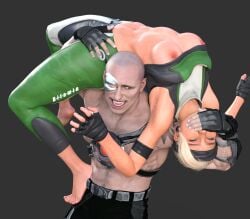 3d b-i-t-a-m-i-n backbend barefoot blonde clothes defeated grey_background kano_(mortal_kombat) male male_domination mortal_kombat ryona smothering sonya_blade submission tight_clothing torture_rack wrestling