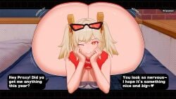 1girls ass ass_bigger_than_head big_ass big_breasts big_butt blonde_hair bottom_heavy bottomless breasts bubble_butt burnice_white clothing curvaceous curvy curvy_figure cyshen dialogue english_text female female_only hoyoverse huge_ass hyper_ass looking_at_viewer lying_on_stomach mostly_nude one_eye_closed onomatopoeia orange_eyes seductive seductive_look solo solo_female talking_to_viewer text voluptuous voluptuous_female wide_hips wink winking_at_viewer wobbling_ass zenless_zone_zero