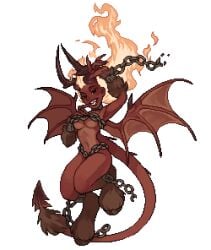 ankle_cuffs breasts chains demon demon_girl devil devil_tail female fire fire_hair flame flame_hair hooves horns marble_gate_dungeon membranous_wings pixel_art shackles twolips wing wrist_cuffs