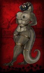 angry anthro big_breasts bondage bondage bound breasts brown_body claws crotch_rope dinosaur female finger_claws gag gagged genitals hands_behind_back hands_tied hi_res jurassic_park legs_tied lovemummification muscular muscular_anthro muscular_female muzzle_(object) muzzle_gag muzzled navel nipples non-mammal_breasts non-mammal_nipples nude prehistoric_species pussy reptile restraints rexy_(jurassic_park) rope rope_bondage rope_harness scalie solo submissive submissive_anthro submissive_female tail tail_bondage tail_tied teeth theropod thick_thighs toe_claws tongue tyrannosaurid tyrannosauroid tyrannosaurus tyrannosaurus_rex universal_studios walking
