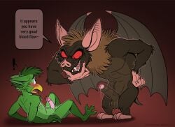 abs anthro avian balls bat beak bird blush bodily_fluids dialogue digital_media_(artwork) duo english_text erection feathers feet foreskin fur gay gay_male genital_fluids genitals hair hand_on_chin hi_res humanoid_genitalia humanoid_penis leaf-nosed_bat leaking_precum lying male male/male mammal membrane_(anatomy) membranous_wings microbat muscular muscular_anthro muscular_male nikraccoom nude on_back partially_retracted_foreskin penis precum precum_string red_sclera retracted_foreskin simple_background size_difference smile speech_bubble standing tail text toes uncircumcised vampire_bat wings yangochiropteran yaoi