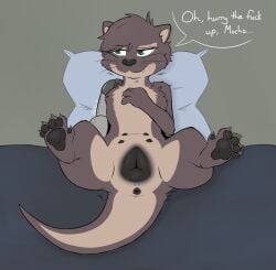 anatomically_correct anatomically_correct_genitalia anatomically_correct_pussy animal_genitalia anus brown_body brown_fur claws fangs female feral fur genitals green_eyes hi_res kerilyn looking_aside mammal mechanical_arm mustelid mustelid_pussy nipple_outline otter pawpads protruding_teeth pussy river_(kerilyn) river_otter solo spread_legs spreading tail tail_anus teats teeth thick_tail thick_thighs whiskers