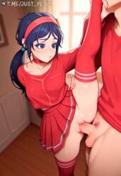 1boy ai_generated artist_name black_hair blue_eyes blue_hair blush breasts choker clothed_sex collarbone female female_pubic_hair flexible hairband indoors just_pepel leg_lift leg_up long_hair long_sleeves low_ponytail male_pubic_hair miside mita_(miside) no_panties patreon_username penis pleated_skirt pubic_hair pussy pussy_juice red_choker red_hairband red_shirt red_skirt red_thighhighs sex shirt skirt split standing standing_on_one_leg standing_sex standing_split straight testicles thighhighs uncensored vaginal_penetration