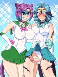 2girls au_ra blush cat_ears cat_tail cock cosplay embarrassed female final_fantasy final_fantasy_xiv futa_and_female futanari glasses gloves grinning horns keeper_of_the_moon lynette_bishop(final_fantasy_xiv) miqo'te oc oppai_forge rayna_nibblefoot sailor_uniform skirt_lift square_enix tails xaela