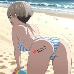 1girls ahegao_ai ai_generated anime beach bikini bikini_bottom bikini_top blue_eyes female short_hair uzaki-chan_wa_asobitai! uzaki_hana white_hair