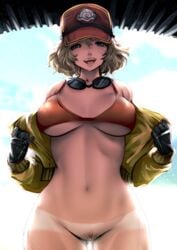 :d absurdres baseball_cap bikini black_gloves blonde_hair blue_eyes blue_sky breasts cap cindy_aurum cleavage cowboy_shot cropped_jacket dirty_face female final_fantasy final_fantasy_xv gloves goggles goggles_around_neck hat highres jacket large_breasts looking_at_viewer navel nipples open_mouth orange_bikini pussy short_hair sky smile solo souryu square_enix standing swimsuit tongue trucker_hat underboob undressing yellow_jacket