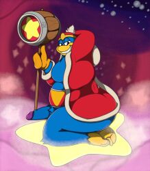 absurd_res alternate_version_at_source anthro ass avian beak big_butt bird blue_body bottomless clothed clothing crouching erection feet foreskin genitals gloves half-closed_eyes hammer hand_behind_head handwear hat headgear headwear hi_res holding_melee_weapon holding_object holding_weapon king_dedede kirby_(series) looking_at_viewer male melee_weapon narrowed_eyes nintendo overweight overweight_anthro overweight_male penguin penis robe sitting_on_object sky skyscape smile solo solo_male star starry_sky teeth tools waniiime warp_star weapon