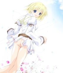 2000s_(style) ass bad_id blonde_hair blue_eyes breasts commentary_request cross cross_earrings dress earrings feet_out_of_frame female flower game_master_(ragnarok_online) jewelry juliet_sleeves long_sleeves looking_at_viewer looking_back no_panties open_mouth pink_flower puffy_sleeves pussy ragnarok_online short_dress short_hair small_breasts smile solo standing tokita uncensored variant_set white_background white_dress