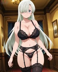 ai_generated bare_thighs big_breasts blue_eyes blush elizabeth_liones eroero_waifus garter_belt hair_over_one_eye huge_breasts huge_thighs light-skinned_female light_skin lingerie long_hair looking_at_viewer massive_breasts nanatsu_no_taizai silver_hair smiling solo_female squatting sweat sweatdrop thick_body thick_female thick_thighs thighs voluptuous voluptuous_female