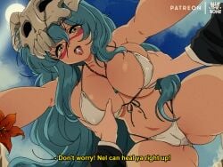 1990s_(style) 1boy artist_name ass_visible_through_thighs bikini bleach bluethebone breasts cameltoe cg cum_in_mouth day english_text facial_mark female flower from_below front-tie_bikini_top front-tie_top grabbing grabbing_another's_breast green_hair hair_between_eyes jewelry large_breasts long_hair looking_at_viewer male navel necklace nelliel_tu_odelschwanck open_mouth outdoors patreon_username pov retro_artstyle skindentation sky solo_focus straight subtitled swimsuit tongue white_bikini yellow_eyes
