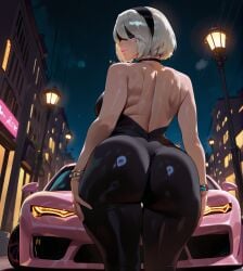 ai_generated backless_outfit bodysuit chocker female from_behind from_below hands_on_own_thighs highres large_ass nier:_automata night outdoors solo_female sports_car stable_diffusion yorha_2b