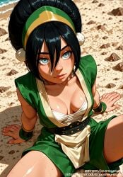 aged_up ai_generated avatar:_the_last_airbender avatar_(series) avatar_legends avatar_the_last_airbender beach belt black_hair blind blue_eyes blush breasts breasts_apart cleavage clothing downblouse female female female_only green_hairband hair_between_eyes hairband headwear jewelry jousneystudio large_breasts lips looking_at_viewer medium_breasts nickelodeon nicktoons outdoors sand sitting solo spread_legs sweat thighs toph_bei_fong water wet