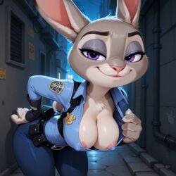 ai_generated alley anthro areola breasts cleavage clothed clothing detailed_background disney erect_nipples female fur grey_body grey_fur hanging_breasts hi_res judy_hopps lagomorph leaning leaning_forward looking_at_viewer mammal narrowed_eyes night nipples police_uniform purple_eyes smile smug solo undressing uniform zootopia