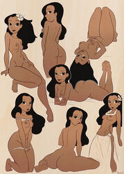 1girls arched_back areolae ass ass_up back backboob bare_back bare_shoulders barefoot belly black_eyes black_hair bottomless breasts collarbone dark-skinned_female dark_skin disney female female_only flower haich hair_flower half-closed_eyes lei lilo_and_stitch long_hair looking_at_viewer medium_breasts multiple_views nani_pelekai navel nipples no_bra no_panties nude on_back on_front on_stomach panties_down panty_pull pose pussy shaved_pussy shirt_lift shoulder_blades sideboob skirt smile solo topless uncensored undressing vulva wavy_hair wide_hips