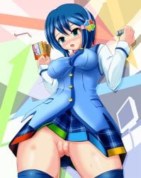 7-tan artist_request blue_hair blue_thighhighs breasts cleft_of_venus cowboy_shot female from_below madobe_nanami microsoft_windows no_panties non-web_source os-tan pussy source_request thighhighs uncensored