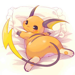 2016 ambiguous_gender anus armpits ass bed blush brown_eyes brown_fur cotora feet feral furry looking_at_viewer looking_back nintendo nude orange_fur paws pillow pokemon pokemon_(species) raichu rodent soles solo spread_legs tail video_games white_fur yellow_fur