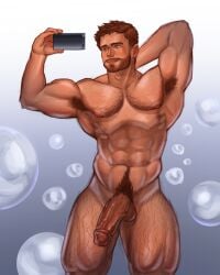 bara beard brutal dick digital_drawing_(artwork) digital_media_(artwork) gay legs male male_only muscular muscular_arms muscular_legs muscular_male muscular_thighs nude nude_male original original_character penis selfie sweat sweating
