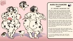 16:9 2025 5_fingers anklet anthro areola ass belly big_areola big_belly big_breasts big_butt breasts canid canine canis character_bio colored_nails dalmatian demisexual_pride_colors digit_ring domestic_dog ear_piercing english_text female fingers fur genitals gingerlybreadart hand_behind_head hand_on_hip hi_res highlights_(coloring) huge_areola huge_breasts huge_butt jewelry lgbt_pride looking_at_viewer mammal marilyn_d'amore markings mature_female model_sheet nails navel necklace nipples nude obese obese_anthro obese_female one_eye_closed overweight overweight_anthro overweight_female paws piercing pride_colors pussy ring solo spots spotted_body spotted_fur stretch_marks text thick_thighs wedding_ring white_body wide_hips widescreen wink winking_at_viewer