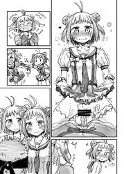 2girls antenna_hair blush comic cowgirl_position cowgirl_position cum double_bun gloves kantai_collection kou1 monochrome motion_lines multiple_girls naka_(kantai_collection) panties remodel_(kantai_collection) school_uniform serafuku sex skirt straddling underwear