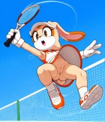 ai_generated armpits brown_eyes cream_the_rabbit female no_panties pussy solo solo_female sonic_(series) tennis_court tennis_racket tennis_uniform upshirt