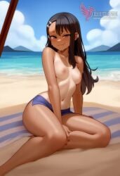 1girls 2d ai_generated areolae ass back bare_shoulders beach big_ass bikini bikini_pull black_hair blue_bikini blue_eyes brown_eyes competition_swimsuit dark_skin dark_skinned_female day erophoenix female female_focus full_body hairclip hayase_nagatoro jewelry long_hair looking_at_viewer ocean one-piece_swimsuit one-piece_tan outdoors patreon_username please_don't_bully_me,_nagatoro pointy_ears sitting skin_fang sky small_breasts smile solo swimsuit tan tan_body tan_lines tanline thick thick_thighs uncensored