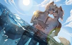 absurd_res anthro balls black_nose bodily_fluids brown_body brown_fur canid canine canis claws clothed clothing cum duo ejaculation erection finger_claws fluffy fluffy_tail fur genital_fluids genitals grey_body grey_fur grey_hair hair hi_res humanoid_genitalia kemono keyijiaowoayuan kissing male male/male mammal multicolored_body multicolored_fur nipples outside penis pointy_ears saliva saliva_string swimming_trunks swimwear swimwear_down tail topless topless_male two_tone_body two_tone_fur water white_body white_fur wolf