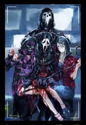 2boys 2girls black_gloves black_hoodie black_mask blonde_hair blood blood_on_clothes blood_on_knife border bound bound_wrists commentary cross danny_johnson dead_by_daylight denim english_commentary ghostface gloves highres holding holding_knife hood hood_up hoodie intestines jeans joey_(dead_by_daylight) julie_kostenko knife mask multiple_boys multiple_girls pants purple_hair s_hadowyy scream_(movie) sitting sitting_on_lap sitting_on_person socks susie_lavoie taking_picture the_legion_(dead_by_daylight) twitter_username v viewfinder white_mask