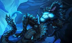 absurd_res alien alien_genitalia anthro armor balls black_and_blue fangs genitals hi_res looking_at_viewer lying male metroid metroid_prime metroid_prime_3 monochrome monster multi_eye muscular muscular_male nintendo penis snorlaxk solo spikes tail teeth tongue tongue_out