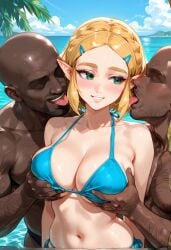 2boys ai_generated bikini blush breast_grab chocopizza_style dark-skinned_male groping imminent_sex interracial large_breasts licking_another's_cheek looking_at_another older_male older_male_and_younger_female seductive_smile zelda_(tears_of_the_kingdom)