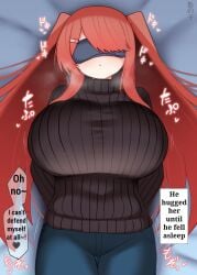 1girls blindfold breasts clothed_breasts dialogue huge_breasts long_hair narration red_hair ribbed_sweater sweater text