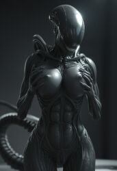 ai_generated alien alien_(franchise) alien_girl beautiful big_breasts black_body breasts female female_focus female_only fit fit_female hands_on_breasts in_heat looking_at_viewer posing posing_for_the_viewer seductive seductive_look seductive_smile sexy sexy_body sexy_pose spaceship_interior tail tits_out voluptuous wide_hips xenomorph