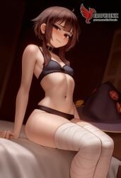 1girls 2d ai_generated ass back bare_shoulders barefoot big_ass bra brown_hair collar erophoenix female female_focus full_body kono_subarashii_sekai_ni_shukufuku_wo! long_hair looking_at_viewer megumin pale_skin pale_skinned_female panties patreon_username red_eyes short_hair sitting small_breasts smile soles solo thick thick_thighs uncensored underwear
