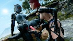 commander_shepard double_dildo lesbian_sex mass_effect miranda_lawson pussy_licking samara threesome yuri