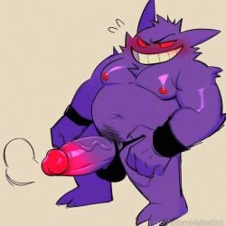 ai_generated blush evil_grin gengar huge_cock penis_out penis_out_of_underwear pokemon pokemon_(species) pokephilia pubic_hair thong waiting_for_sex wristband