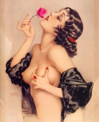 1920s 1girls alberto_vargas fine_art flower grabbing_own_breast lipstick medium_breasts navel painted_nails portrait traditional_media_(artwork)